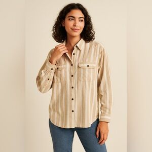 Urban Outfitters Beige Striped Button-Down Shirt | 100% Cotton | Size L
